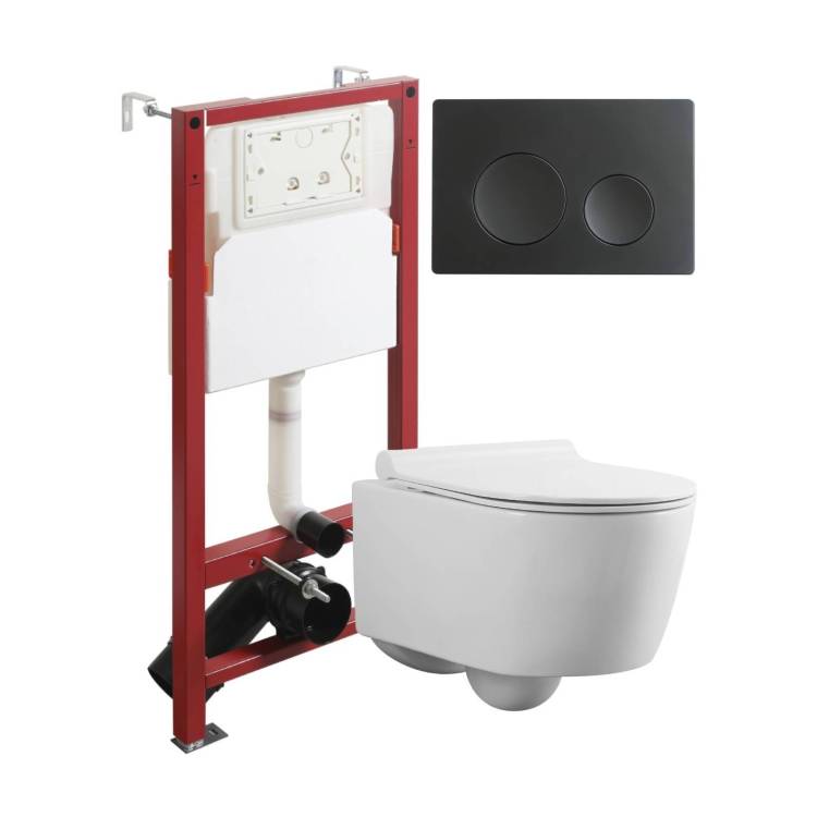 Унитаз с инсталляцией Agger ATI05100+APB144 безободковый, с крышкой-сиденьем микролифт, с кнопкой, кнопка черная