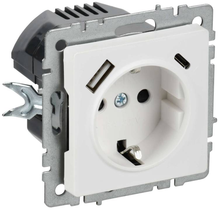 Розетка 1-местная с заземлением, шторками и USB Type A+С IEK Brite BR-R14-16-U22-018-K91 арктический белый