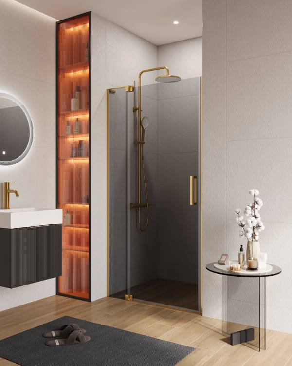 Душевая дверь в нишу Cezares SLIDER-B-1-90/100-GRIGIO-BORO профиль брашированное золото, стекло серый, 90x195