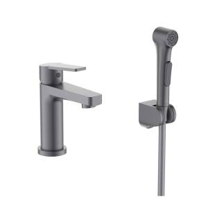 Смеситель для раковины Aquatek Лугано AQ1712BGM с гигиеническим душем, оружейная сталь