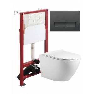 Унитаз с инсталляцией Agger ATI09150L+APB244 безободковый, с крышкой-сиденьем микролифт, с черной кнопкой