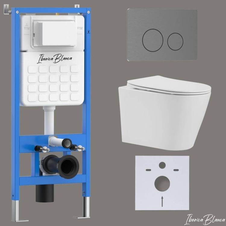 Унитаз с инсталляцией Iberica Blanca Burgos Alto IB001.BRA.234.8180 безободковый, с крышкой-сиденьем микролифт, с кнопкой вороненая сталь