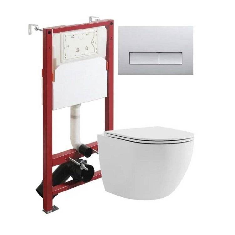 Унитаз с инсталляцией Agger ATI03100+APB200 безободковый, с крышкой-сиденьем микролифт, с кнопкой, кнопка хром