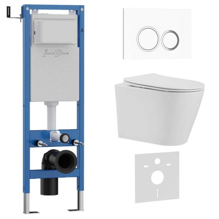 Унитаз с инсталляцией Iberica Blanca Burgos Alto IB.001M.BRA.231.821 безободковый, с крышкой-сиденьем микролифт, с белой глянцевой кнопкой