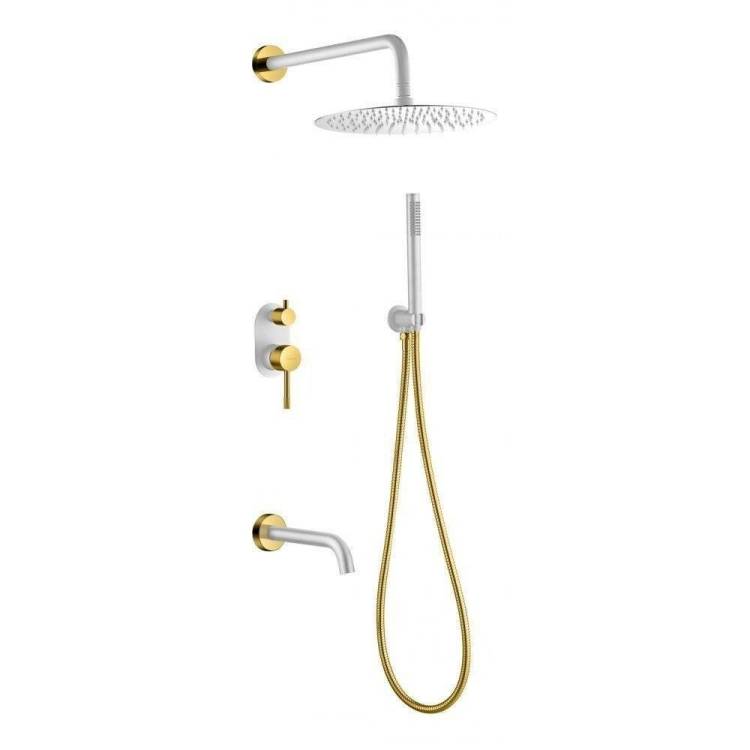 Душевой комплект Boheme Uno 464-2-WG смеситель + верхний + ручной душ, золотой, белый, с изливом