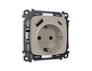 Комплект механизма электрической розетки 2USB A+C 20W (быстрая зарядка) с заземлением Ambrella Volt Omega MO370010
