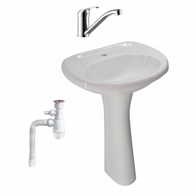 Комплект Раковина Santeri Воротынский 50 + Пьедестал Santeri Воротынский + Смеситель Rossinka Y Y35-22 + Сифон Wirquin Минор с отводом для стиральной машины