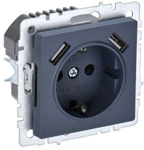Розетка 1-местная с заземлением, шторками и USB Type A+A IEK Brite BR-R14-16-U21-D21-K35 маренго