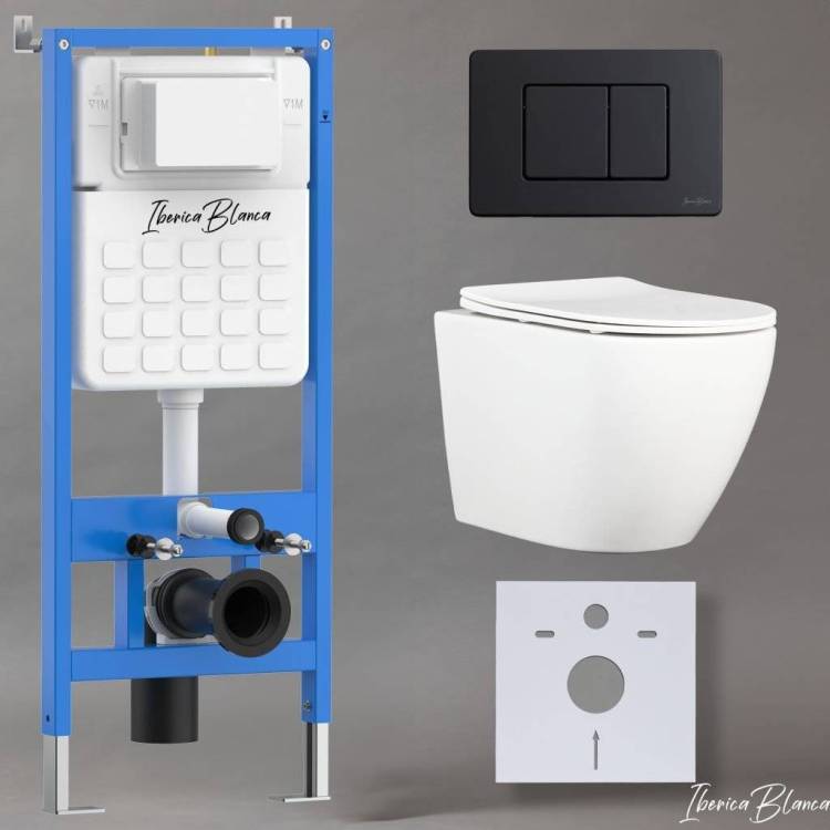 Комплект Iberica Blanca Bilbao Alto IB001.BLA.231.112 унитаз безободковый, белый, сиденье микролифт, клавиша смыва черный матовый