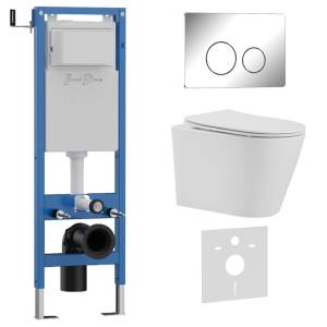 Унитаз с инсталляцией Iberica Blanca Burgos Alto IB.001M.BRA.231.8131 безободковый, с крышкой-сиденьем микролифт, с кнопкой глянцевый хром