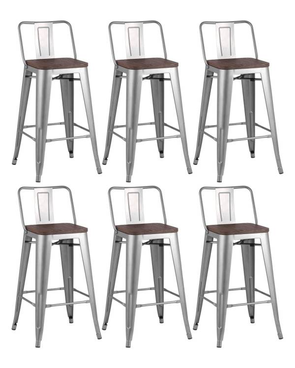 Набор из 6 полубарных стульев Stool Group Tolix YD-H675E-W YG-15 X6 серебристый матовый, темное дерево, со спинкой