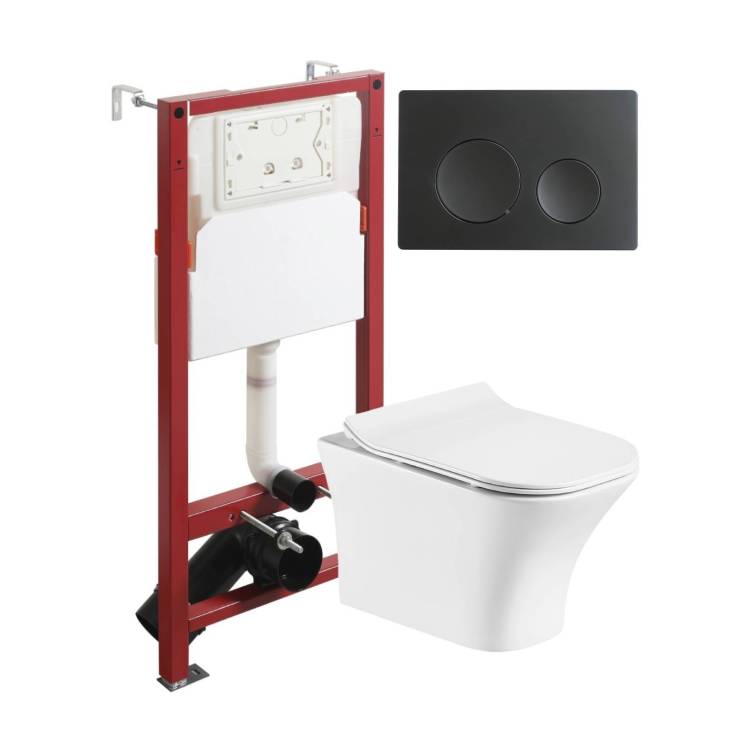 Унитаз с инсталляцией Orange CI02-100W+APB144 безободковый, с крышкой-сиденьем микролифт, с кнопкой, кнопка черная