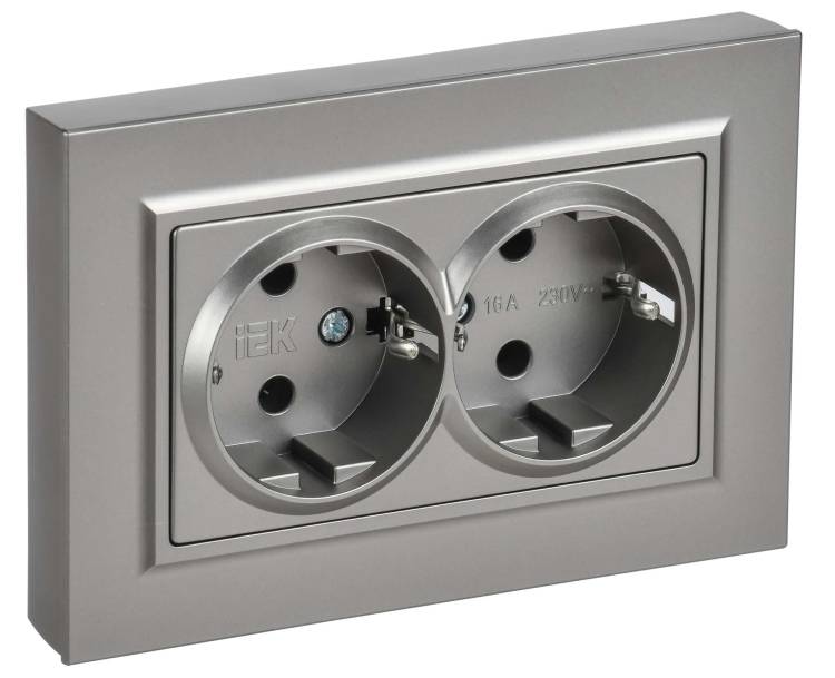 Розетка 2-местная с заземлением IEK Brite BR-R27-16-K46-F сталь