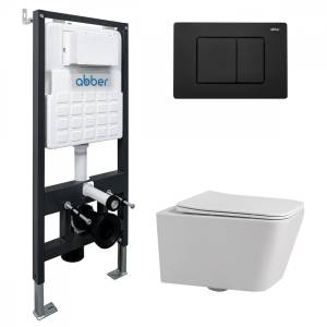 Комплект Abber Rechteck AC1201-AC0105-AC0120MB унитаз подвесной, безободковый, сиденье микролифт, белый, кнопка черная