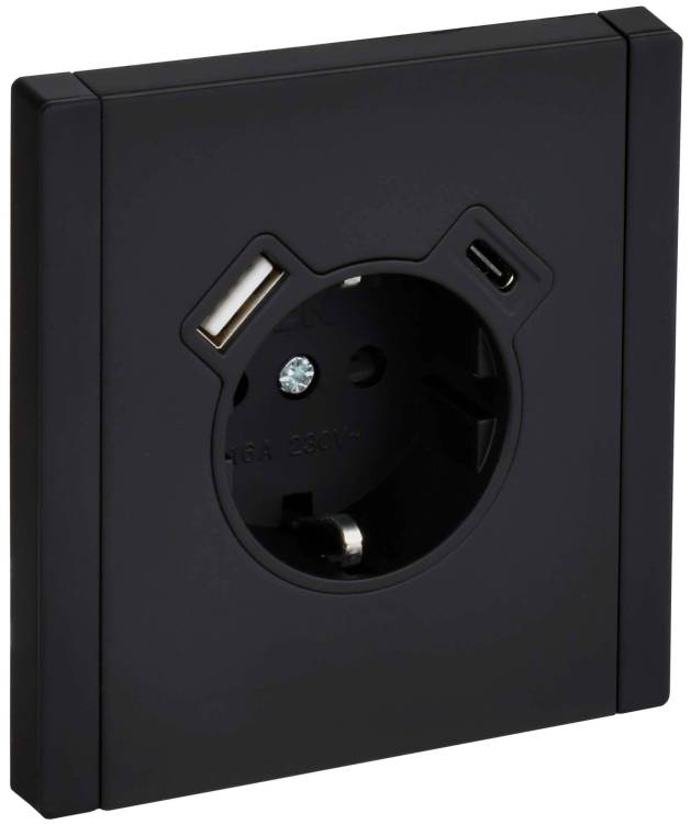 Розетка 1-местная с заземлением, шторками и USB Type A+С IEK Forte&Piano FP-R14-16-U22-018-M-K02 черный