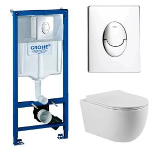 Унитаз с инсталляцией Grohe GRH721313201 безободковый, сиденье микролифт, белый глянец, кнопка смыва хром