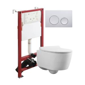 Унитаз с инсталляцией Agger ATI05100+APB100 безободковый, с крышкой-сиденьем микролифт, с кнопкой, кнопка хром