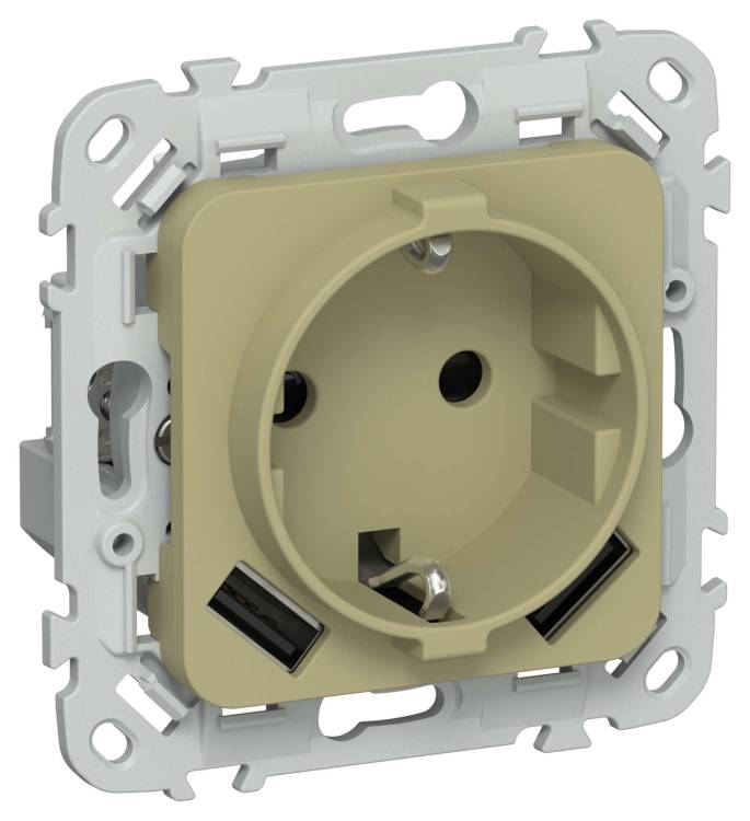 Розетка 1-местная с заземлением, шторками и USB Type A+A IEK Flite FI-R14-16-U21-D31-K26 оливковый