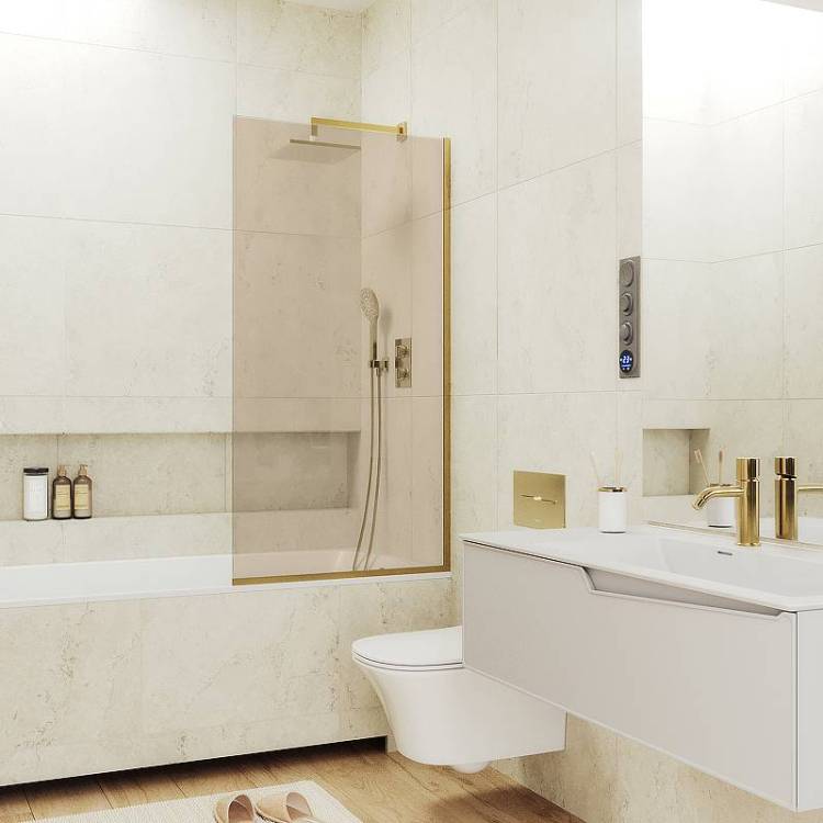 Шторка на ванну MaybahGlass MGV-70-3у стекло бронза, профиль золото, 1400x800