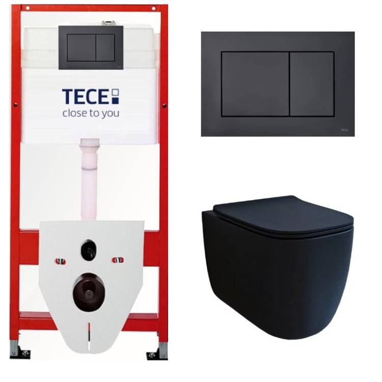 Комплект Tece TC414102510 Инсталляция для унитаза Tece + Унитаз подвесной beWash Schutz безободковый, с сиденьем микролифт, черный матовый