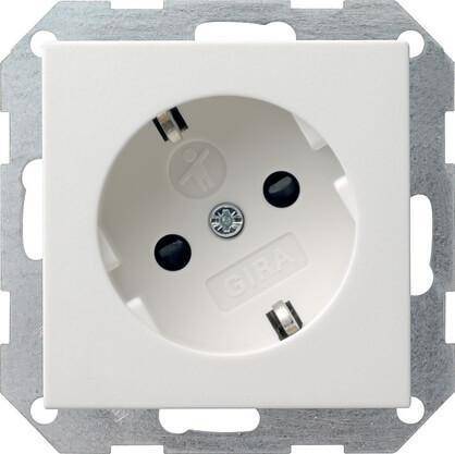 Розетка Gira System 55 Schuko с/з со шторками 16A 250V безвинтовой зажим чисто-белый глянцевый 041803