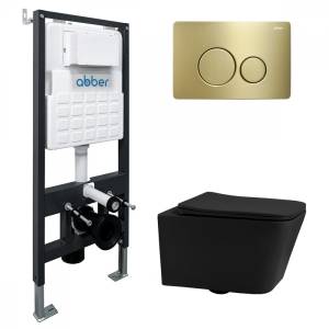 Комплект Abber Rechteck AC1201MB-AC0105-AC0121MMG унитаз подвесной, безободковый, сиденье микролифт, черный матовый, кнопка золото матовое