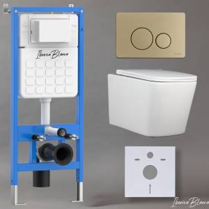 Комплект Iberica Blanca Toledo Alto IB001.TLA.231.815 унитаз безободковый, белый, сиденье микролифт, клавиша смыва золото матовое