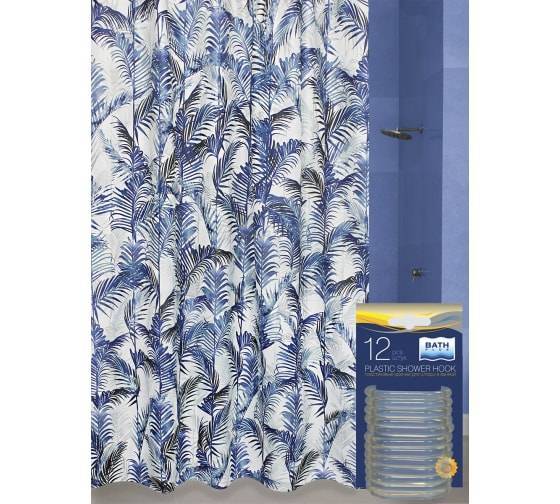 Штора для ванной Bath Plus Palm Leaf akch21283 с кольцами, 180x200, белый, синий
