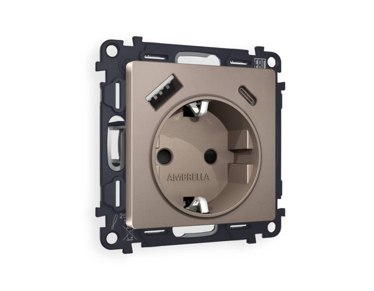 Комплект механизма электрической розетки 2USB A+C 20W (быстрая зарядка) с заземлением Ambrella Volt Alfa MA640010