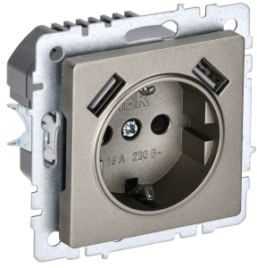 Розетка 1-местная с заземлением, шторками и USB Type A+A IEK Brite BR-R14-16-U21-D21-K37 шампань