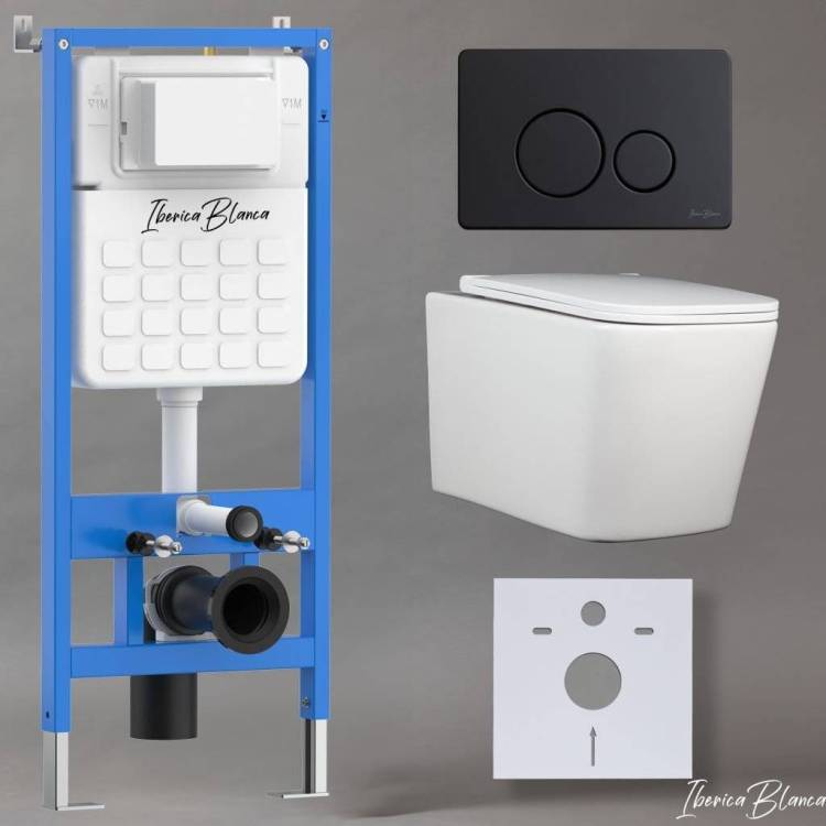 Комплект Iberica Blanca Toledo Alto IB001.TLA.231.812 унитаз безободковый, белый, сиденье микролифт, клавиша смыва черный матовый