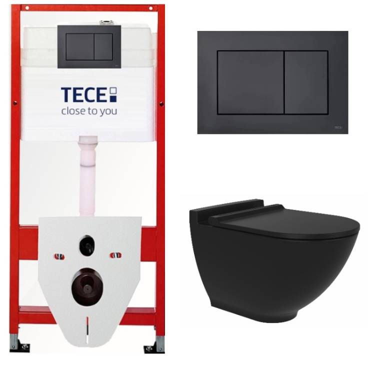 Комплект Tece TC414N5VP07 Инсталляция для унитаза Tece + Унитаз подвесной beWash Harmony безободковый, с сиденьем микролифт, черный матовый