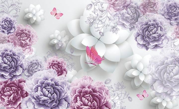 3D Фотообои Artegrafico «Объемные пионы с бабочками» NC070 акварель