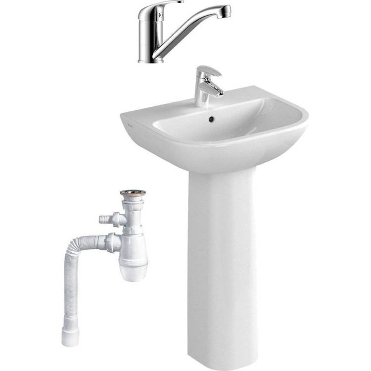 Комплект Раковина Vitra S20 5502B003 + Пьедестал Vitra S20 5529B003 + Смеситель Rossinka Y Y35-22 + Сифон для раковины Wirquin Минор с отводом для стиральной машины