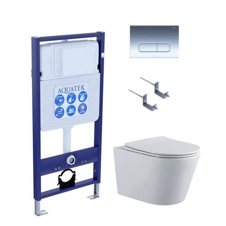 Унитаз с инсталляцией Aquatek Вега-1905-016 безободковый, с крышкой-сиденьем микролифт, с кнопкой хром