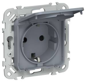 Розетка 1-местная с заземлением, шторками и крышкой IEK Flite FI-R16-16-1-44-K35 маренго