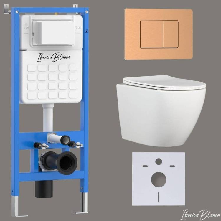 Унитаз с инсталляцией Iberica Blanca Bilbao Alto IB001.BLA.234.1172 безободковый, с крышкой-сиденьем микролифт, с кнопкой матовое розовое золото