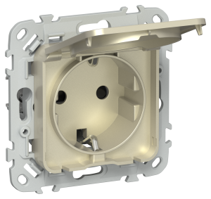 Розетка 1-местная с заземлением, шторками и крышкой IEK Flite FI-R16-16-1-44-K37 шампань