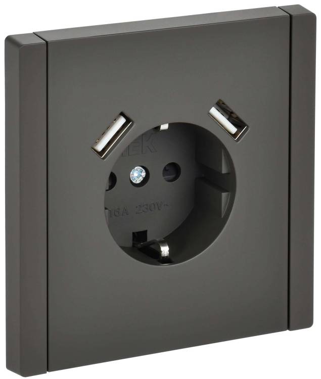 Розетка 1-местная с заземлением, шторками и USB Type A+A IEK Forte&Piano FP-R14-16-U21-D31-K03 серый