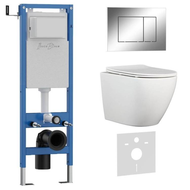 Комплект Iberica Blanca Bilbao Alto IB.001M.BLA.231.852 унитаз безободковый, белый, сиденье микролифт, клавиша смыва хром глянцевый
