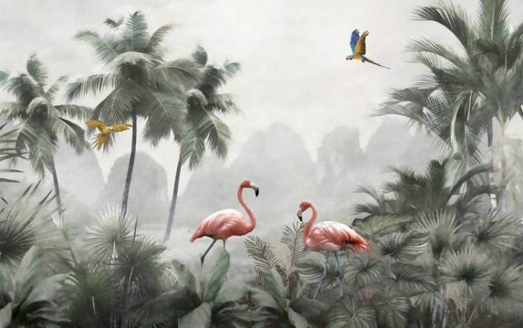 3D Фотообои Artegrafico «Фламинго в листве на фоне гор» DJ-018 песок