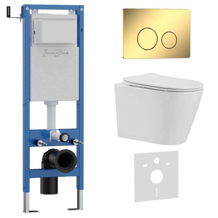 Унитаз с инсталляцией Iberica Blanca Burgos Alto IB.001M.BRA.234.816 безободковый, с крышкой-сиденьем микролифт, с кнопкой глянцевое золото