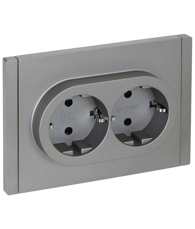 Розетка 2-местная с заземлением и шторками IEK Forte&Piano FP-R24-16-1-K46 сталь