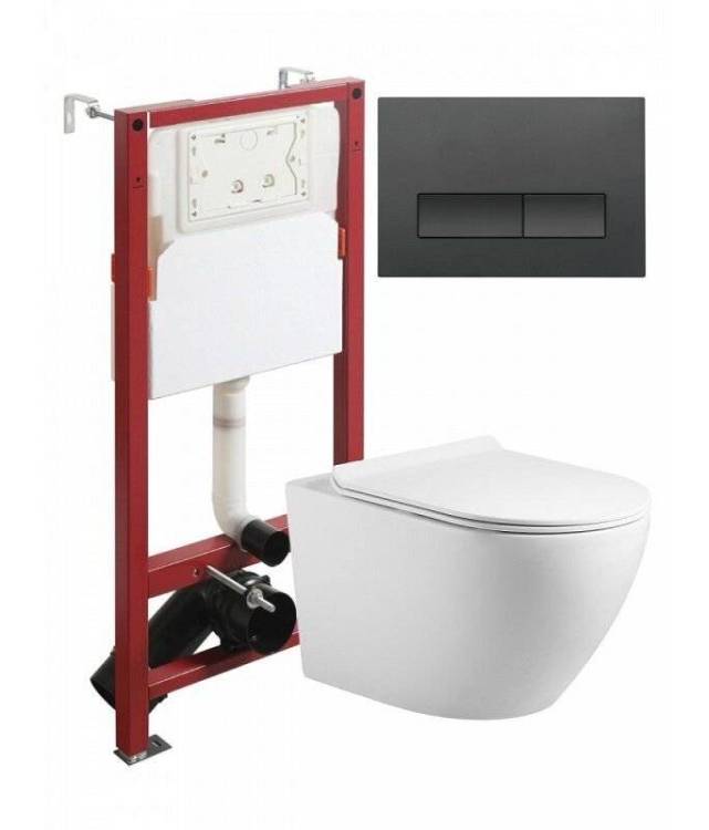 Унитаз с инсталляцией Agger ATI09150L+APB244 безободковый, с крышкой-сиденьем микролифт, с черной кнопкой