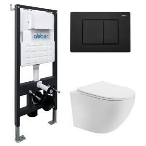Комплект Abber Bequem AC1100T-AC0105-AC0120MB унитаз подвесной, безободковый, сиденье микролифт, белый, кнопка черная матовая