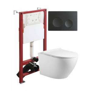 Унитаз с инсталляцией Agger ATI09150L+APB144 безободковый, с крышкой-сиденьем микролифт, с черной кнопкой