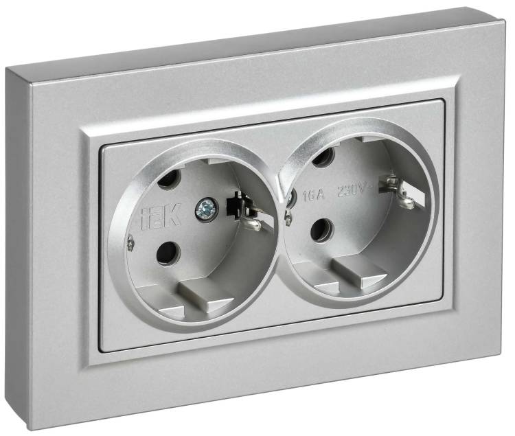 Розетка 2-местная с заземлением и шторками IEK Brite BR-R28-16-K47-F алюминий