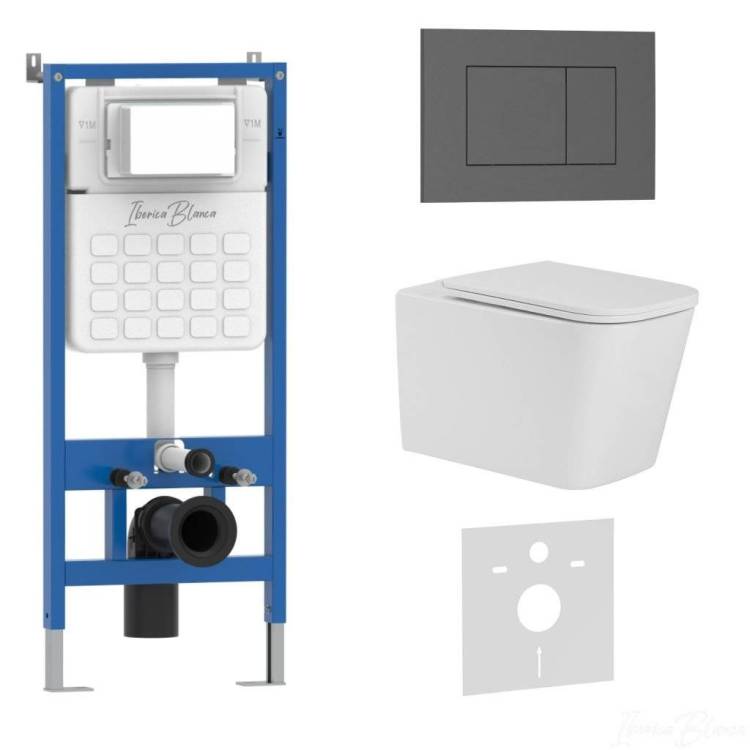 Унитаз с инсталляцией Iberica Blanca Toledo Alto IB001.TLA.234.856 безободковый, с крышкой-сиденьем микролифт, с серой матовой кнопкой