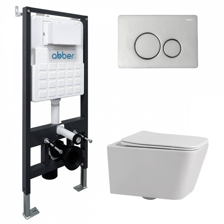 Комплект Abber Rechteck AC1201-AC0105-AC0121 унитаз подвесной, безободковый, сиденье микролифт, белый, кнопка хром