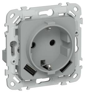 Розетка 1-местная с заземлением, шторками и USB Type A+A IEK Flite FI-R14-16-U21-D31-K03 серый